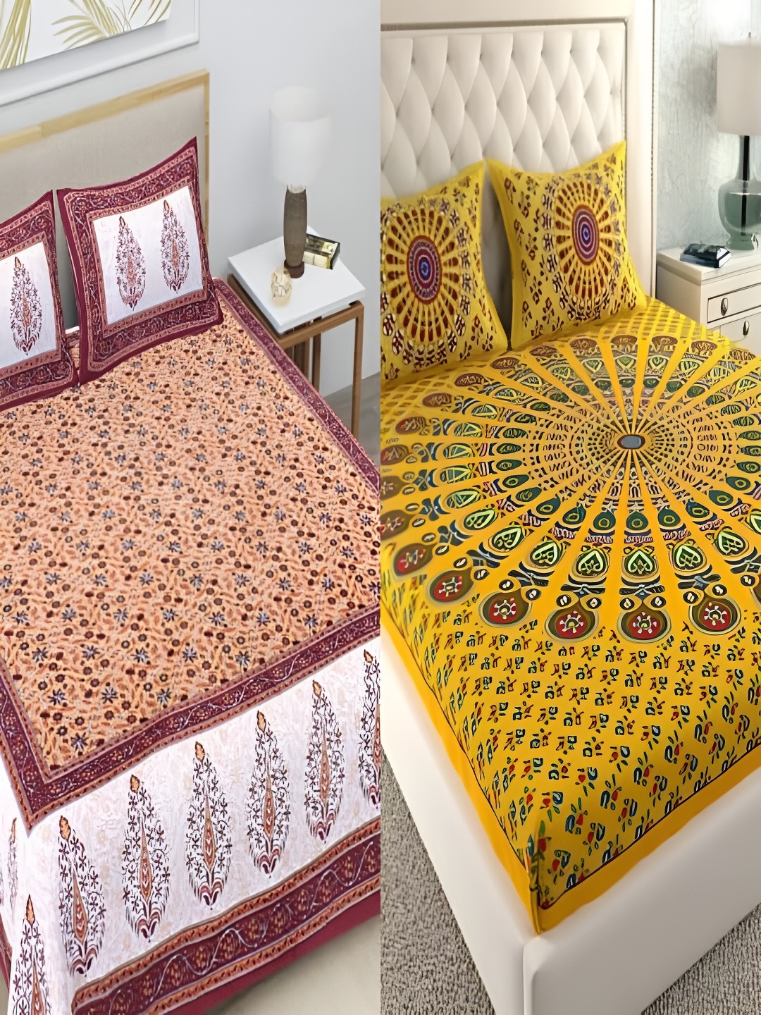 

Runjhun Yellow & Brown 2 Pcs Floral Cotton 180 TC 2 Queen Bedsheet with 4 Pillow Covers