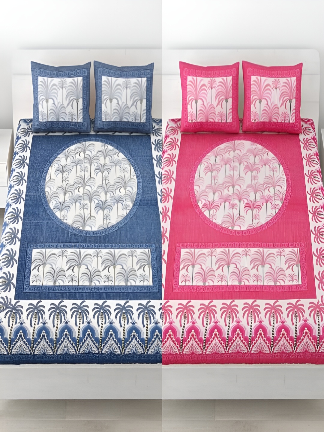 

Runjhun White & Blue 2 Pcs Floral Cotton 180 TC 2 Queen Bedsheet with 4 Pillow Covers