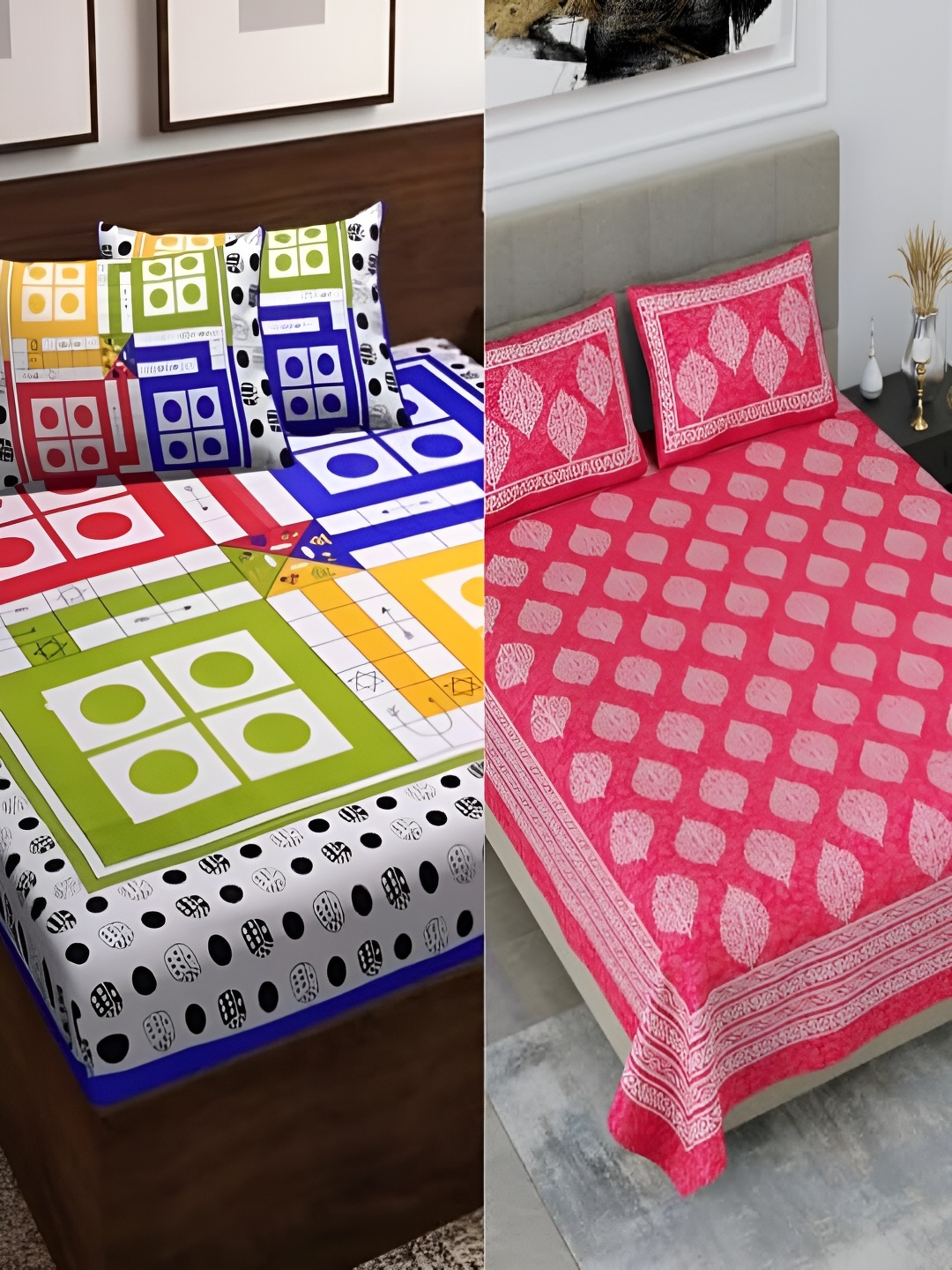 

Runjhun White & Pink 2 Pcs Geometric Cotton 180 TC 2 Queen Bedsheet with 4 Pillow Covers