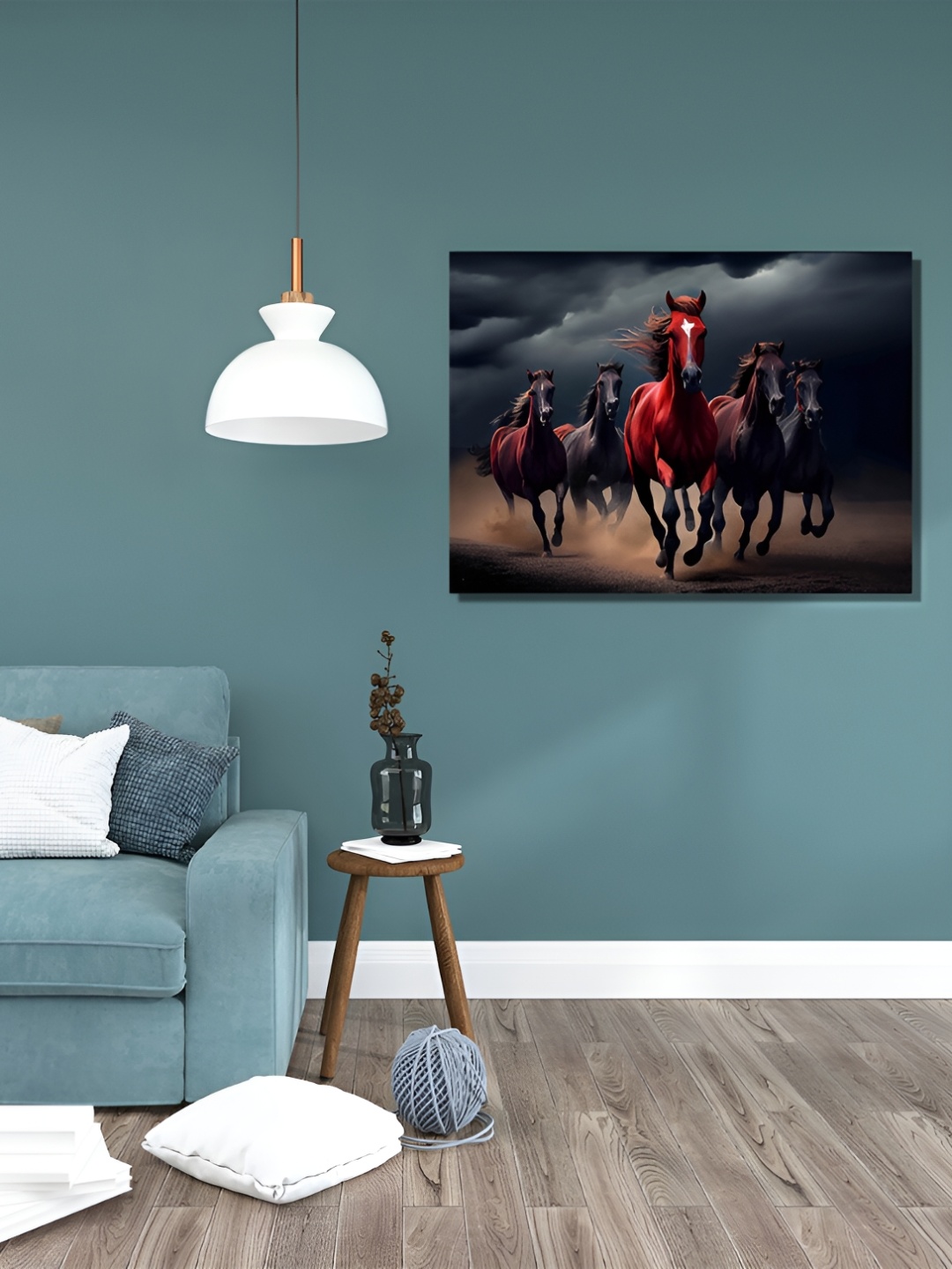 

RANGOLI Blue & Red Canvas Seven Running Horses Painting Wall Art