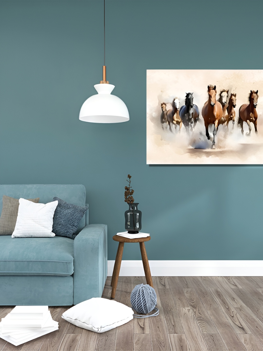 

RANGOLI White & Brown Seven Running Horses Vastu Canvas Painting Wall Art