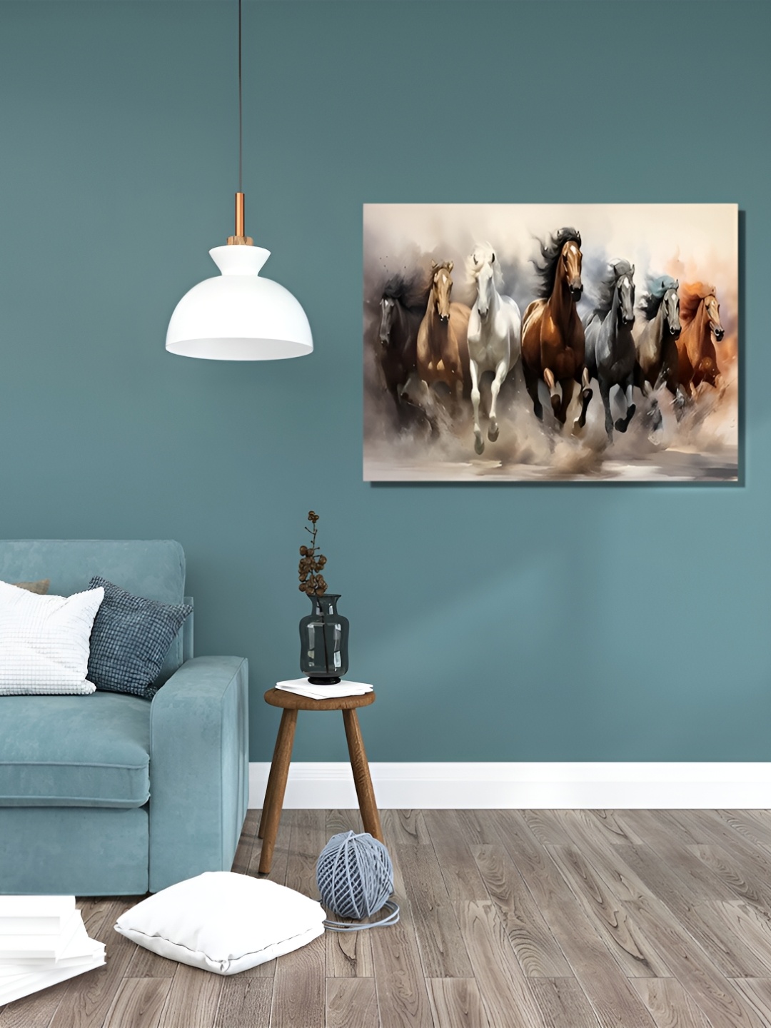 

RANGOLI White & Grey Seven Running Horses Canvas Wall Art