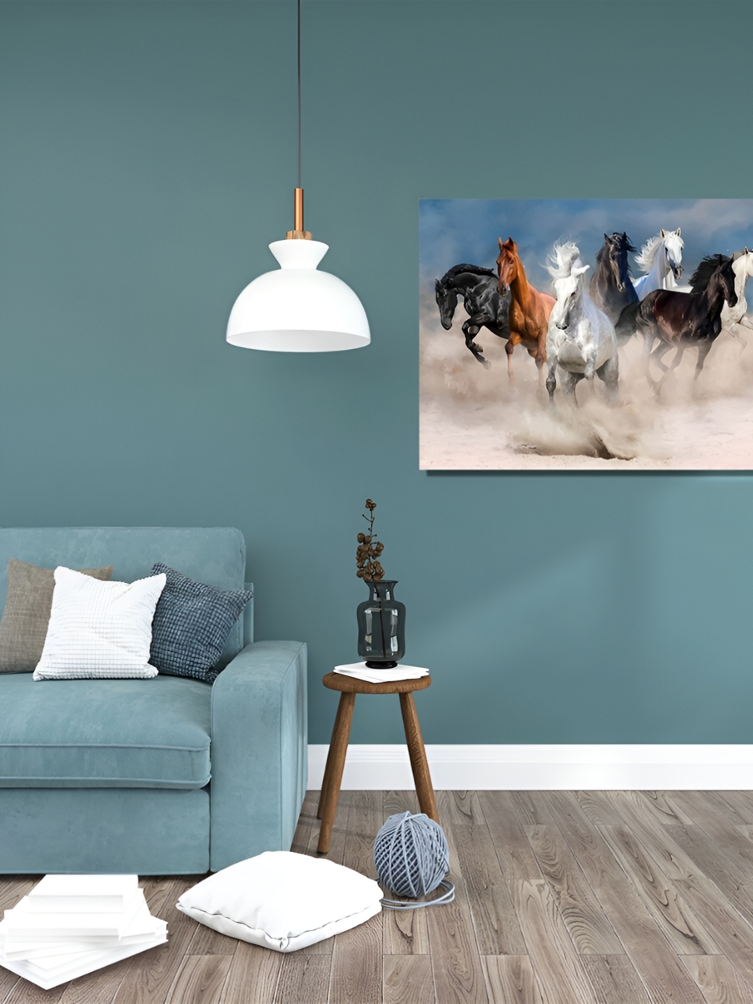 

RANGOLI White & Blue Canvas Seven Running Horses Painting Wall Art