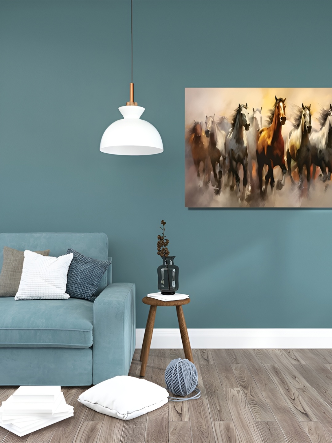 

RANGOLI Beige & Off White Seven Running Horses Vastu Canvas Painting Wall Art