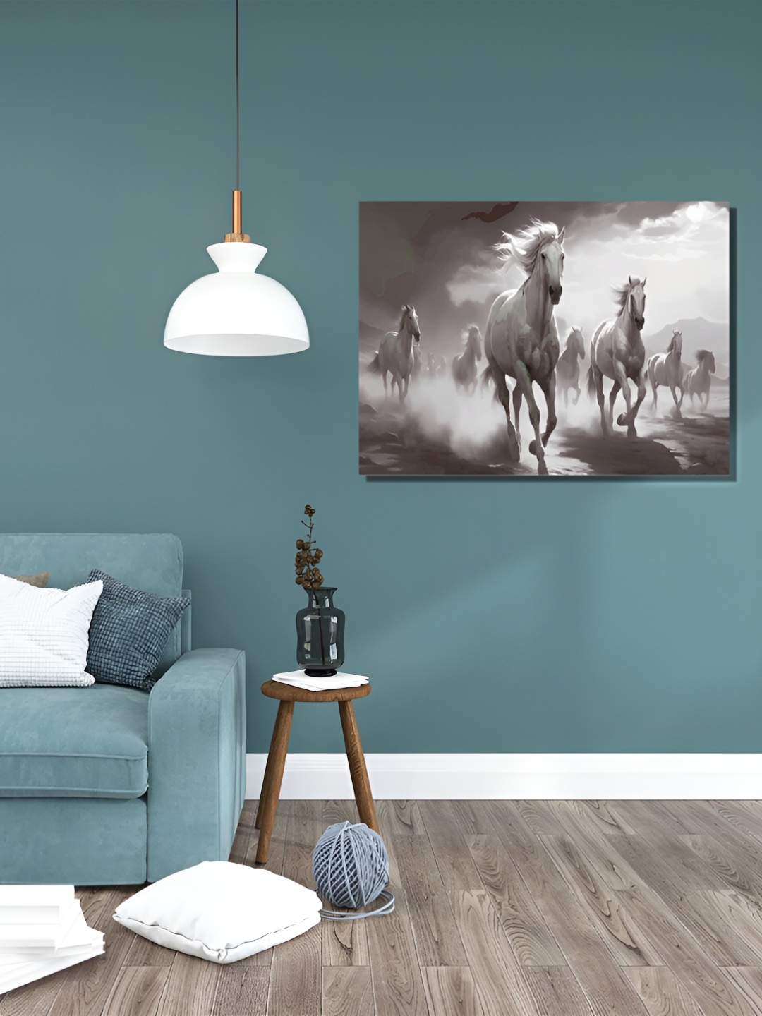 

RANGOLI White & Grey Seven Running Horses Canvas Painting Wall Art