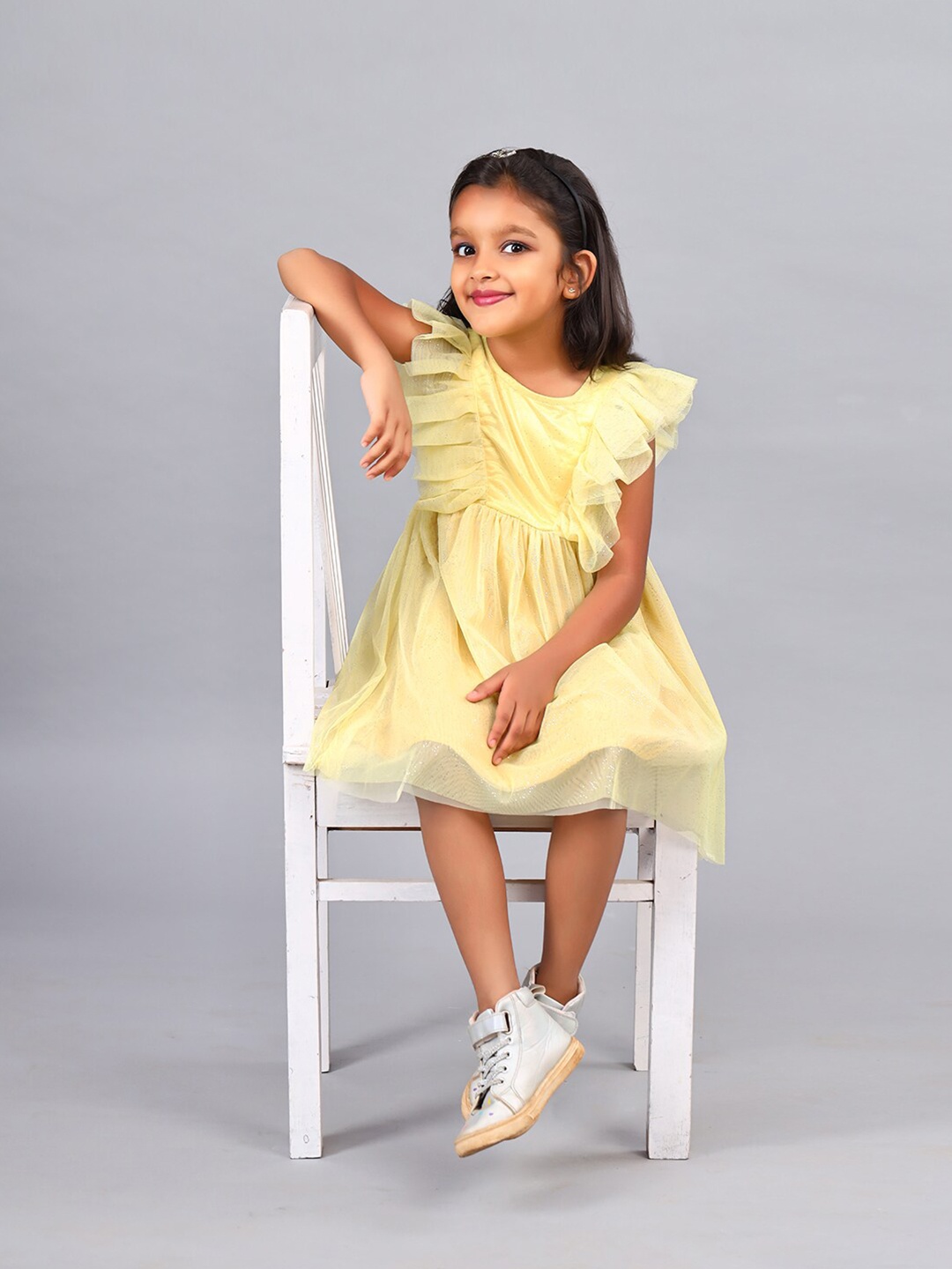 ZION Girls Self Design Flutter Sleeve Ruffled Net Tulle Fit & Flare Dress, Yellow