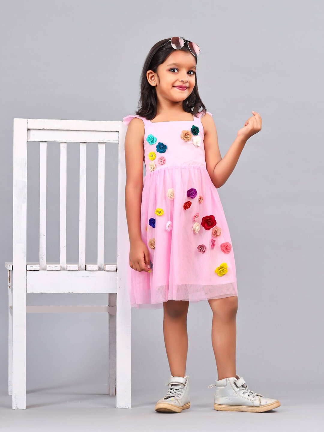 

ZION Floral Embellished Square Neck Net Empire Dress, Pink