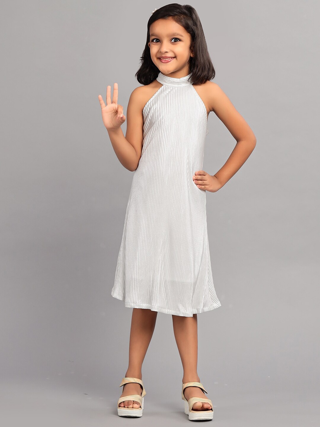 

ZION Girls Self Design Embellished Halter Neck A-Line Midi Dress, White