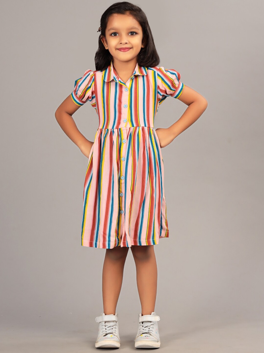 

ZION Girls Striped Puffed Sleeves Shirt Style Dress, Pink