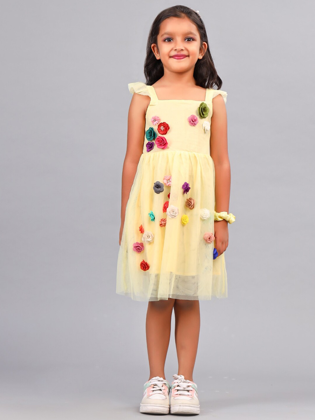 

ZION Girls Floral Self Design Smocked Square Neck Net Fit and Flare Dress, Yellow