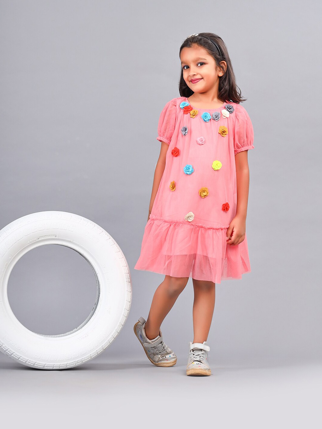 

ZION Girls Self Design Puff Sleeve Applique Net Drop Waist Dress, Pink