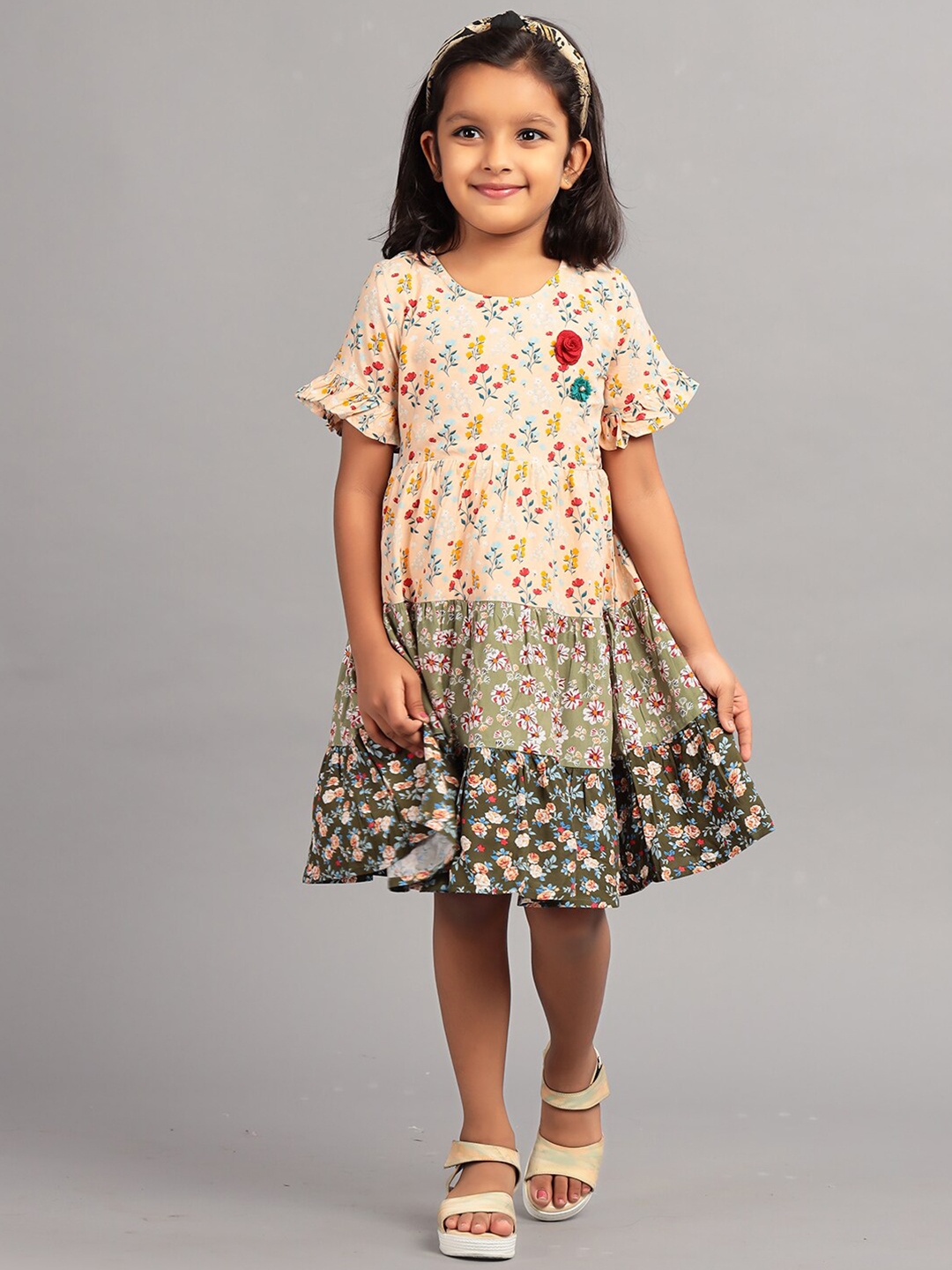 

ZION Girls Floral Printed Bell Sleeve Tiered A-Line Dress, Beige