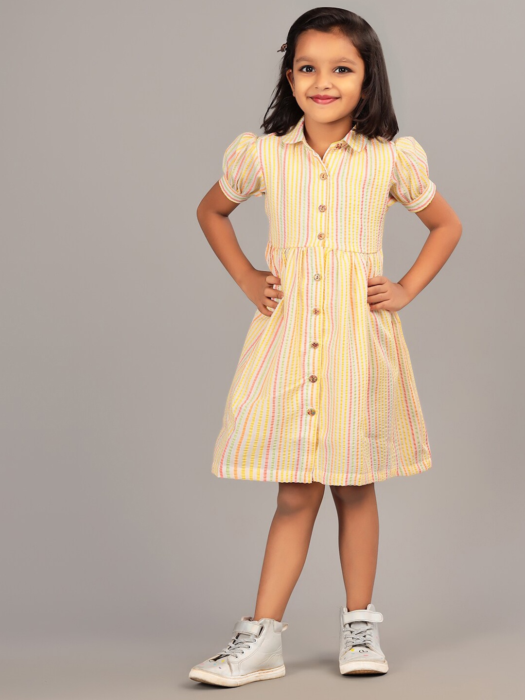 

ZION Girls Striped Shirt Collar Puff Sleeve Shirt Dress, Yellow
