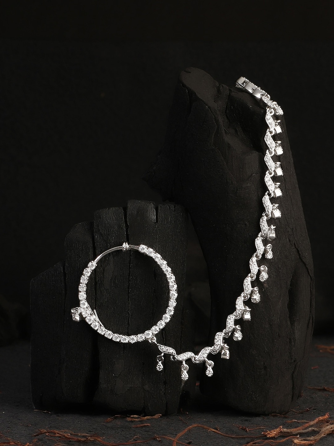 

Adwitiya Collection Rhodium-Plated Stones Studded Chained Nosepin, Silver