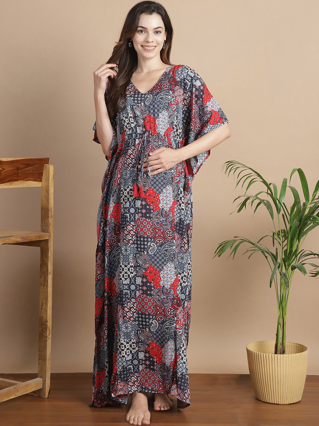 

Secret Wish Geometric Printed V-Neck Maternity Kaftan Nightdress, Grey melange