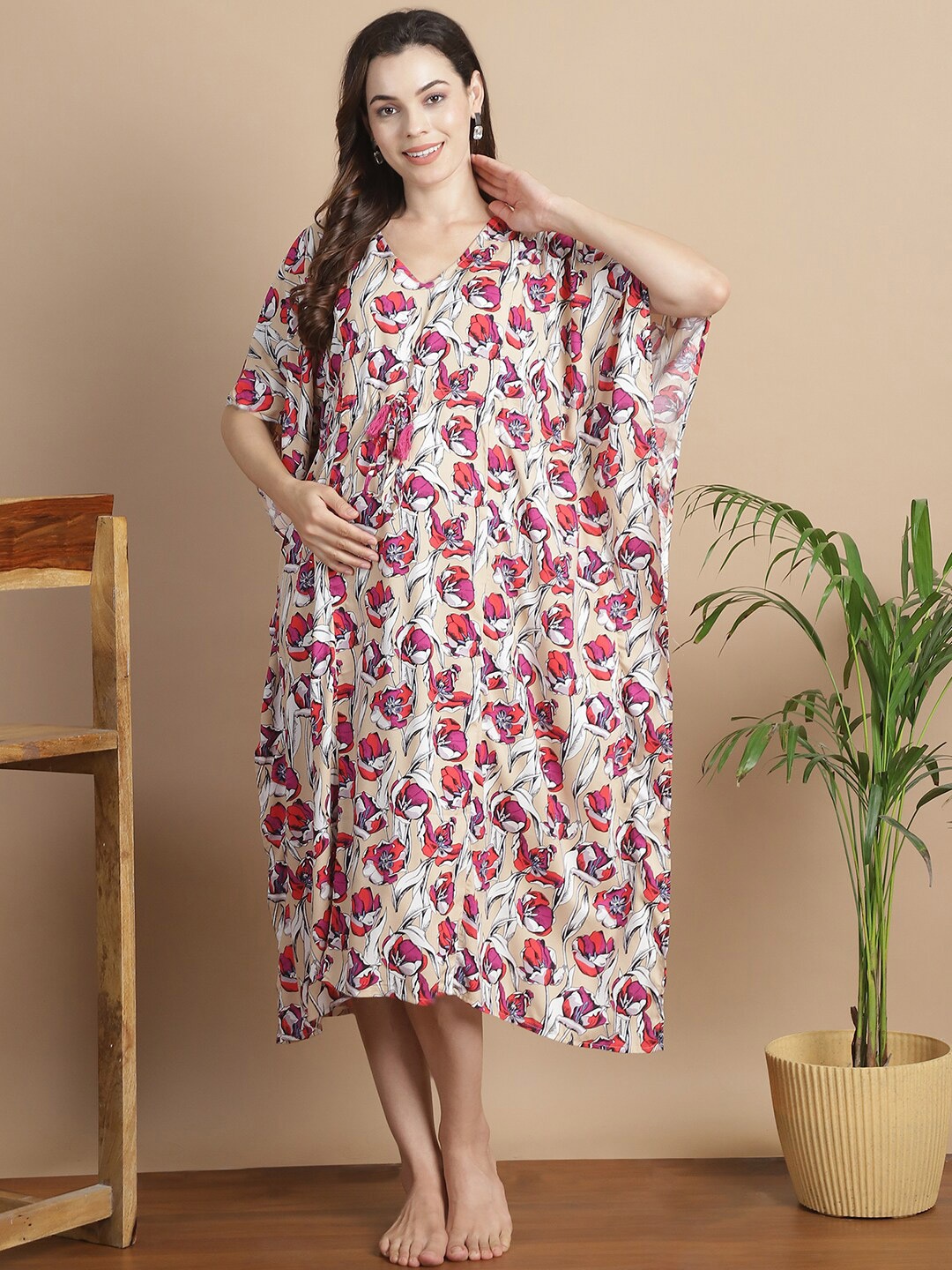 

Secret Wish Floral Printed V-Neck Maternity Kaftan Nightdress, Beige
