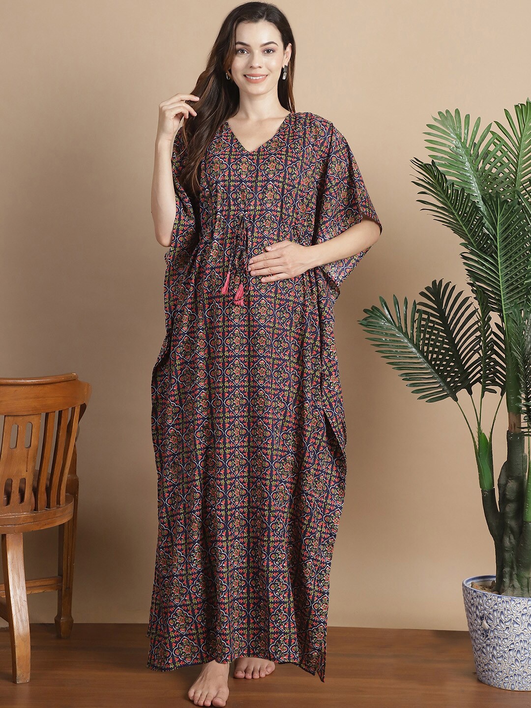 

Secret Wish Geometric Printed V-Neck Pure Cotton Maternity Kaftan Nightdress, Purple