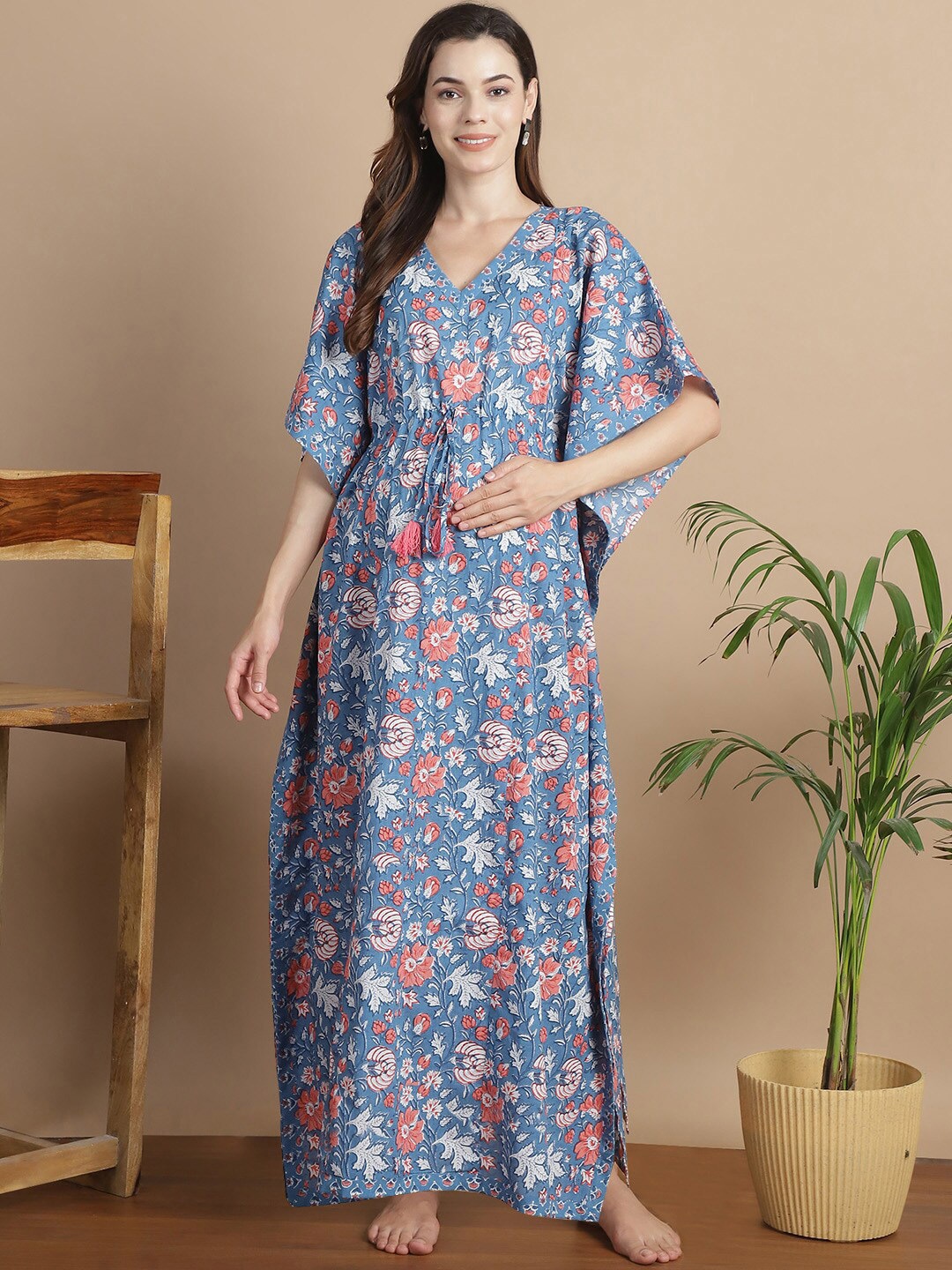 

Secret Wish Floral Printed V-Neck Pure Cotton Maternity Kaftan Nightdress, Blue