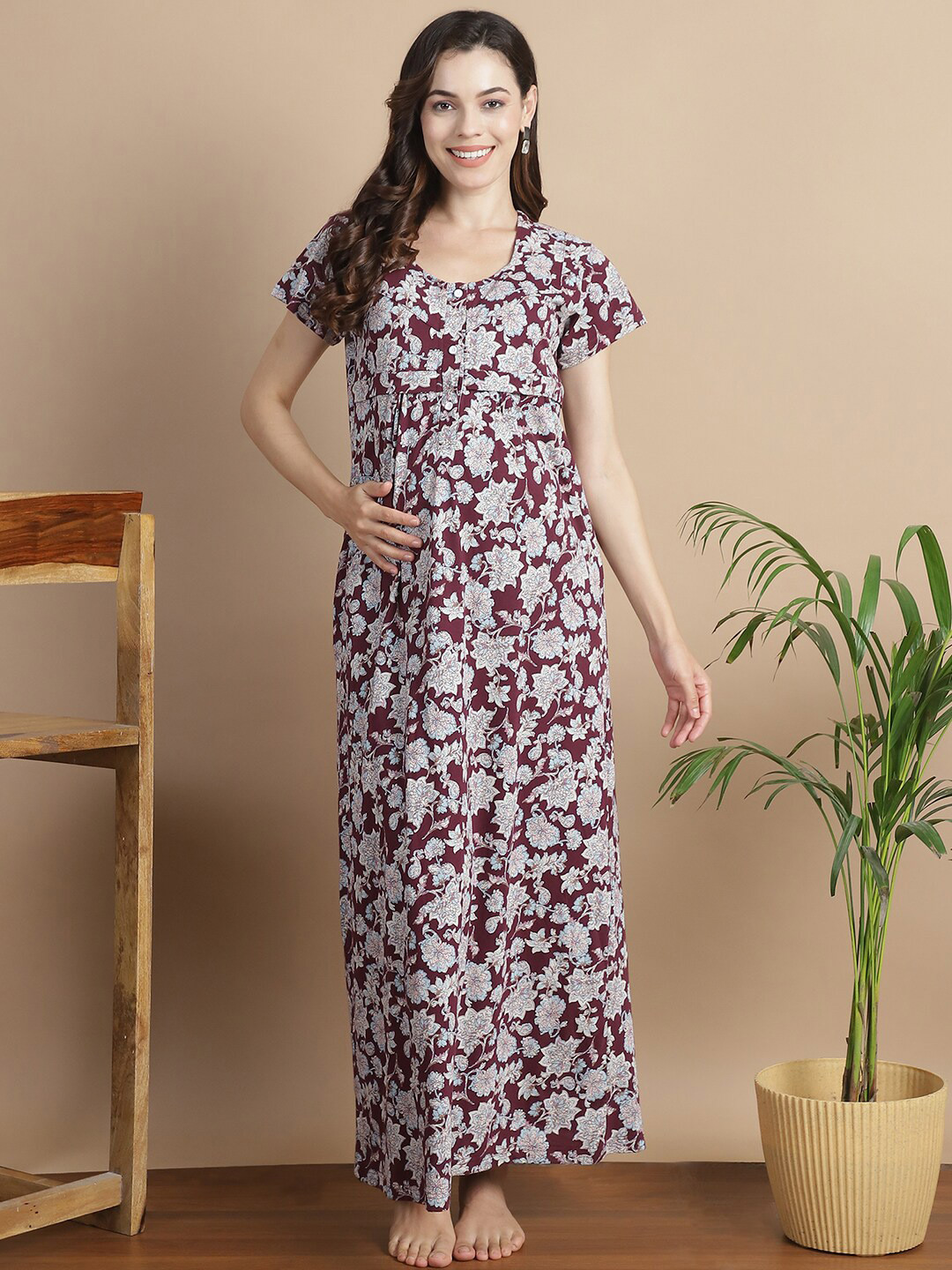 

Secret Wish Floral Printed Pure Cotton Maternity Nightdress, Maroon