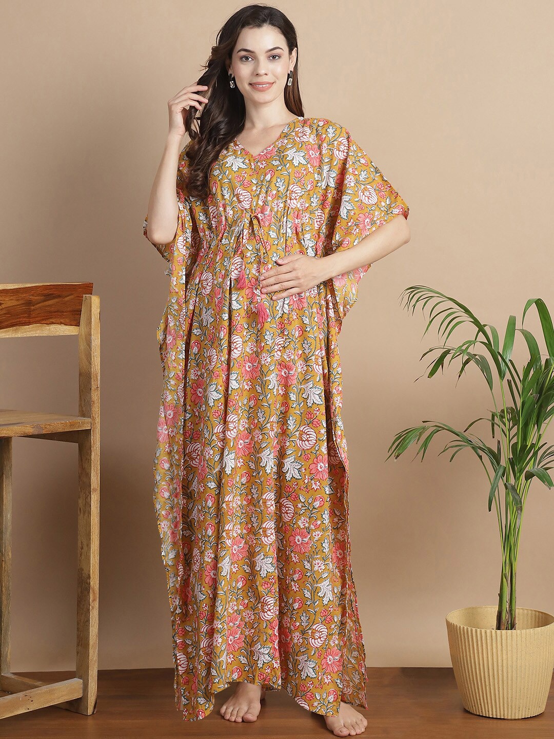 

Secret Wish Floral Printed V-Neck Cotton Maternity Kaftan Dress, Mustard