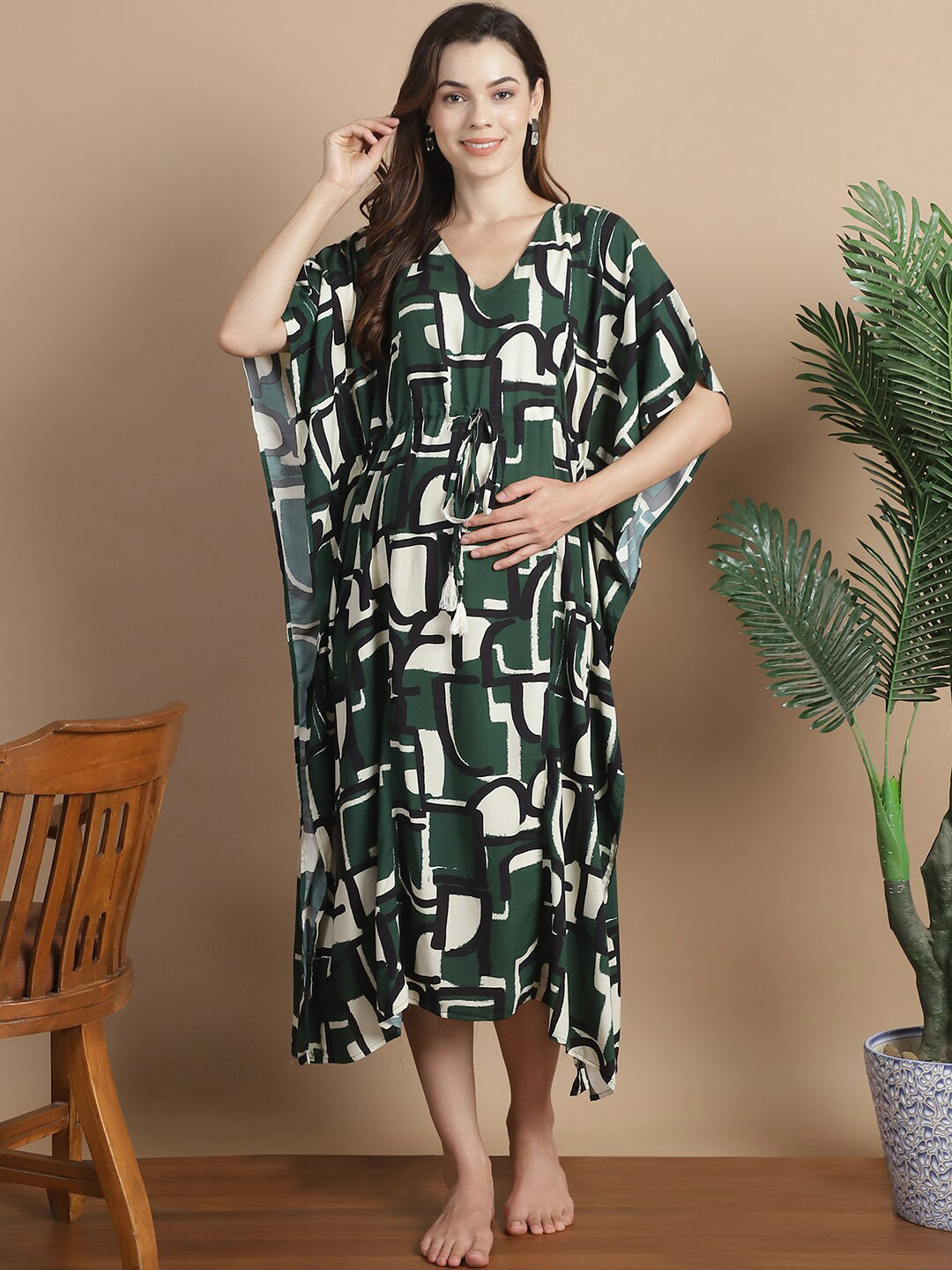 

Secret Wish Geometric Printed V-Neck Maternity Kaftan Dress, Green
