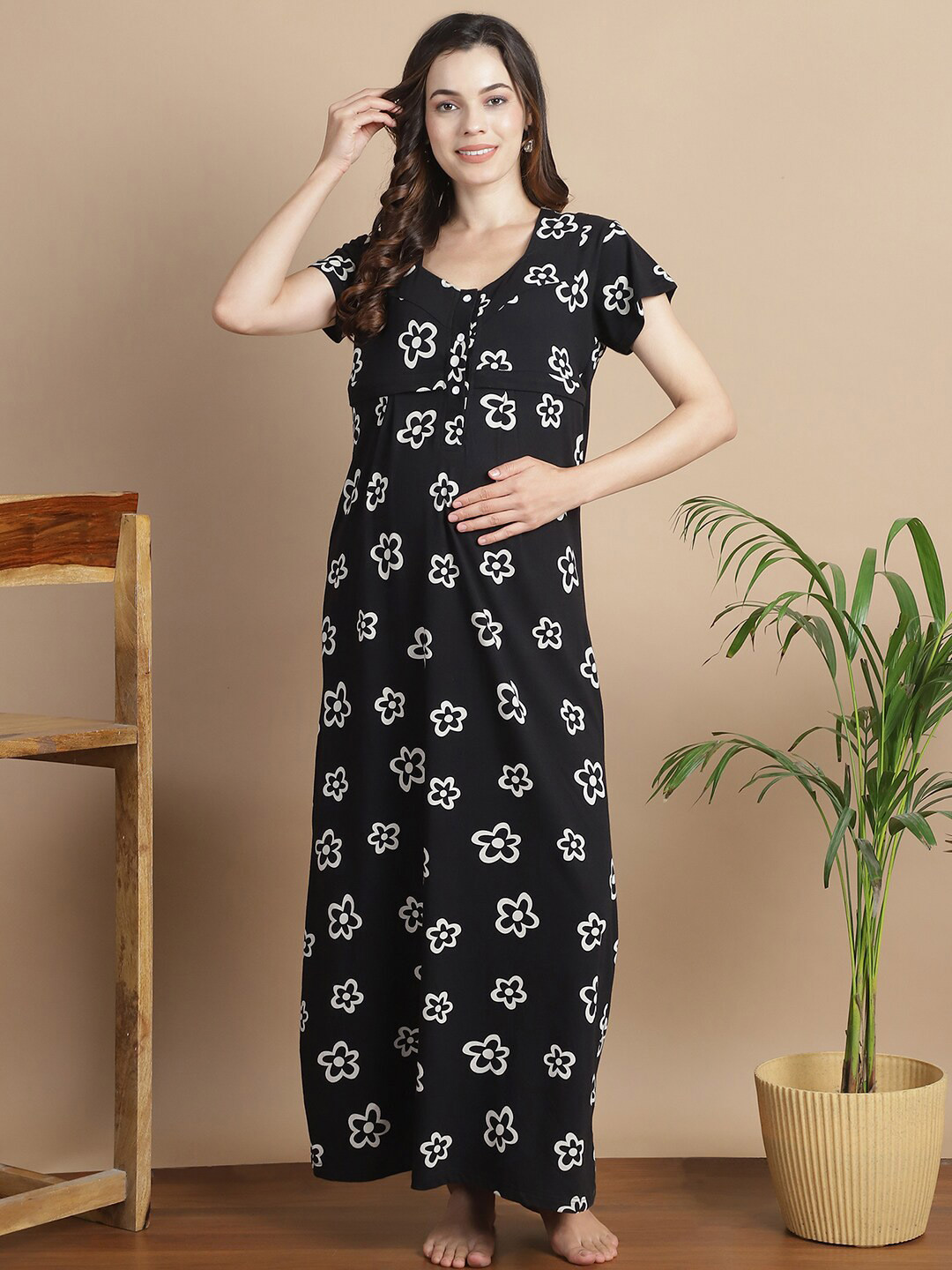 

Secret Wish Floral Printed Pure Cotton Maternity Kaftan Dress, Black