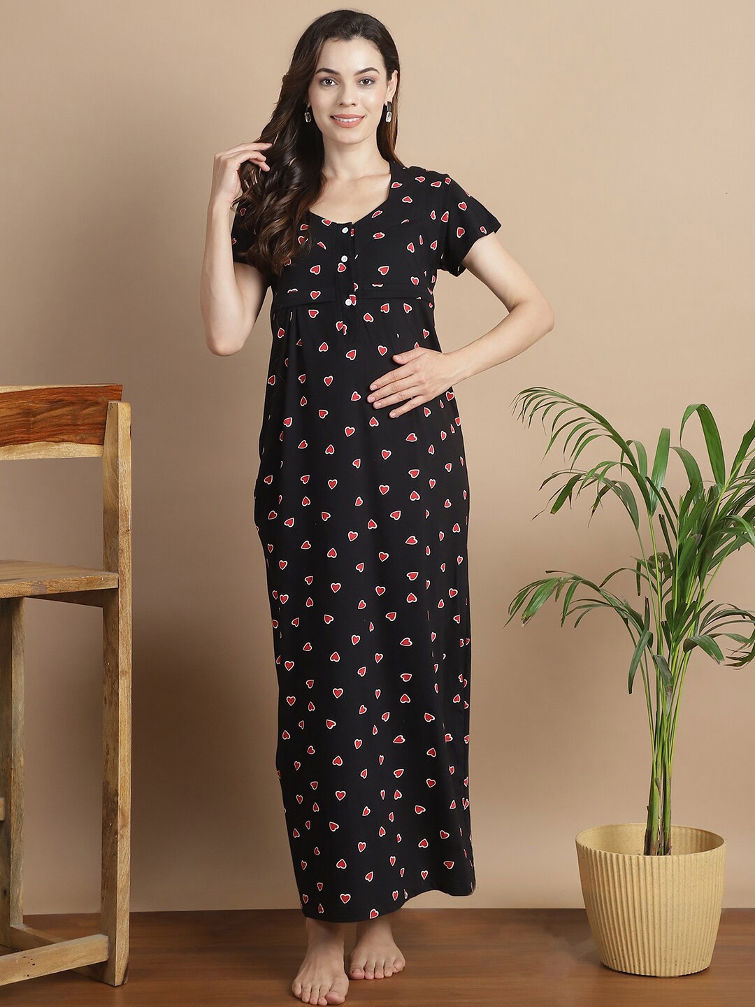 

Secret Wish Women Conversational Printed Pure Cotton Maternity Nightdress, Black