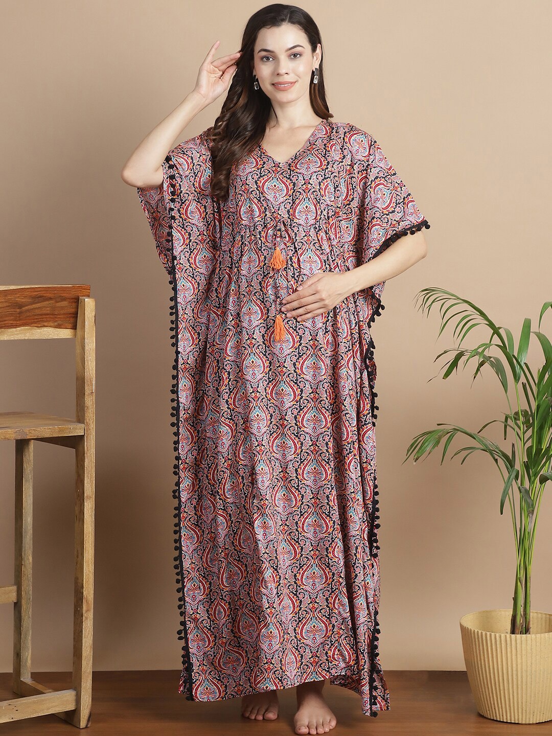 

Secret Wish Ethnic Printed V-Neck Maternity Kaftan Dress, Black