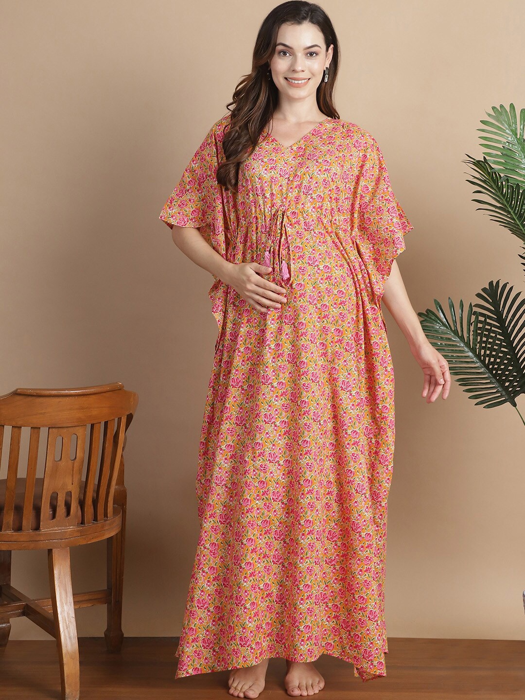

Secret Wish Floral Printed V-Neck Cotton Maternity Kaftan Dress, Mustard