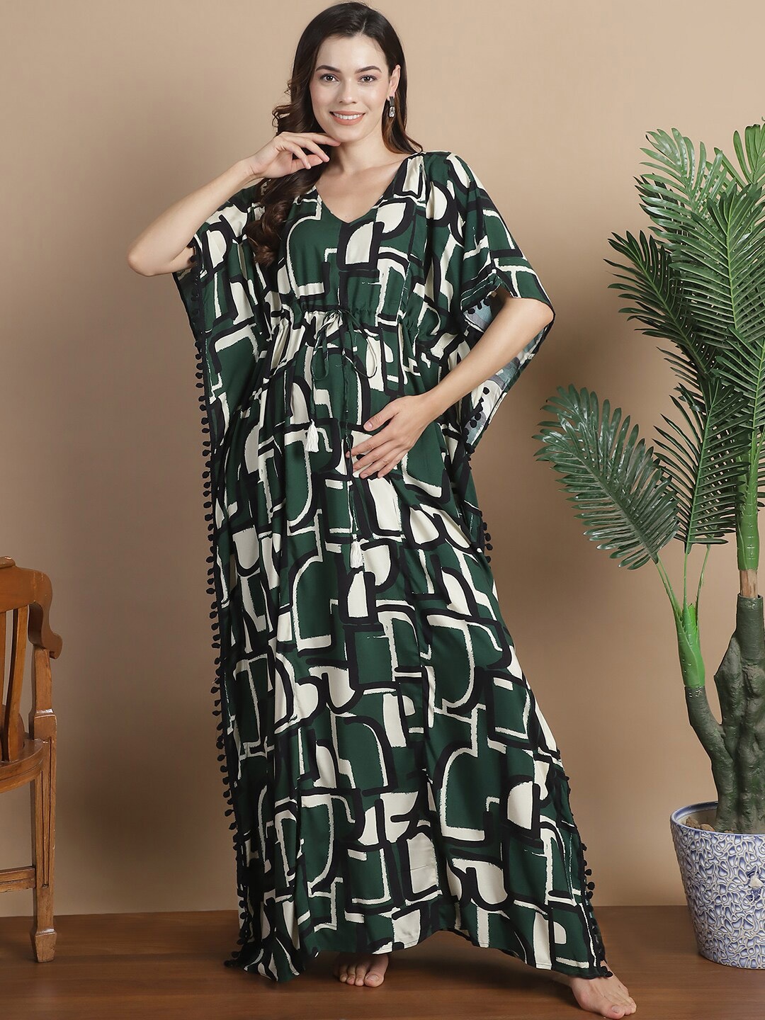 

Secret Wish Geometric Printed V-Neck Maternity Kaftan Dress, Green