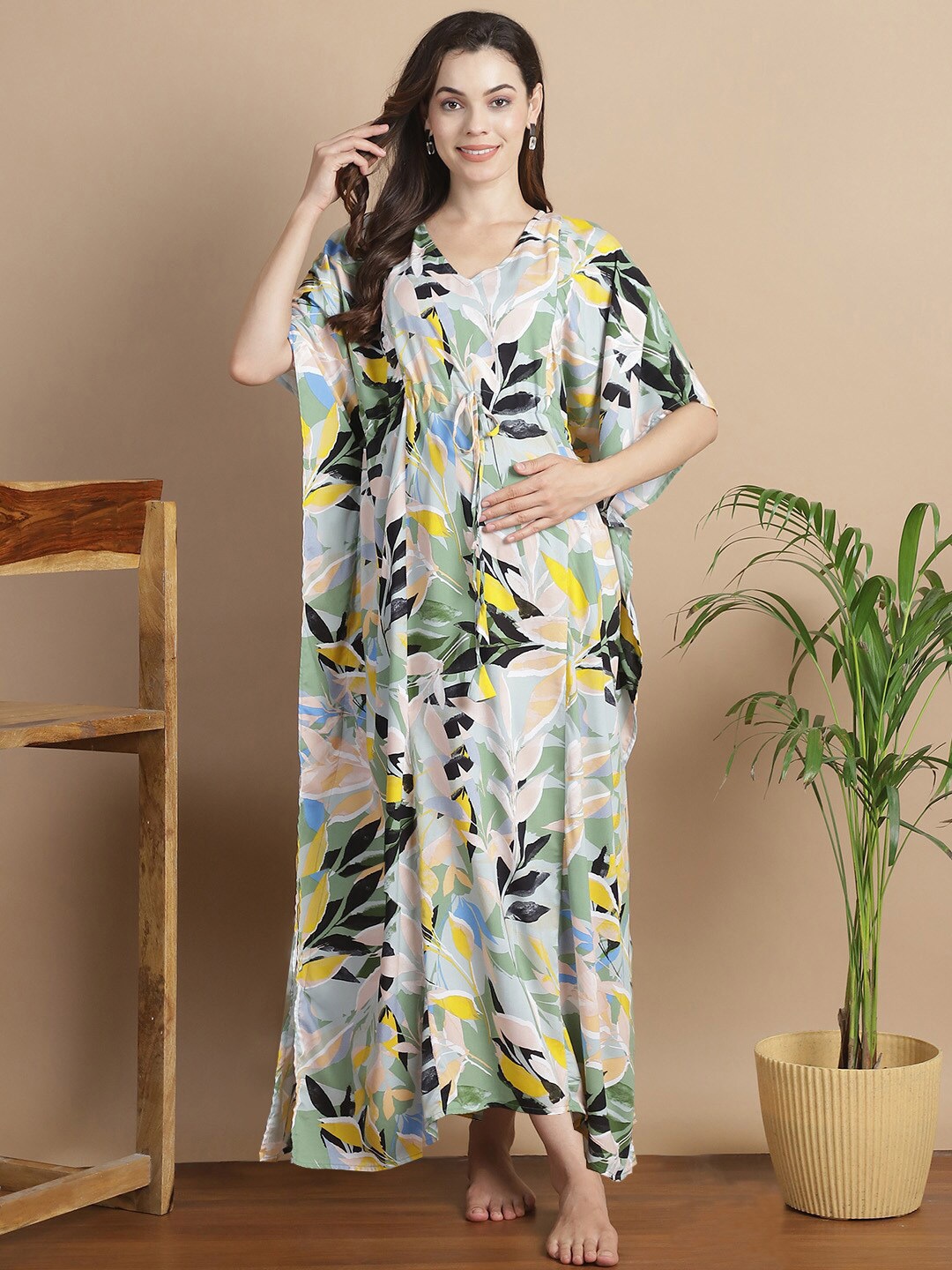 

Secret Wish Floral Printed V-Neck Maternity Kaftan, Sea green