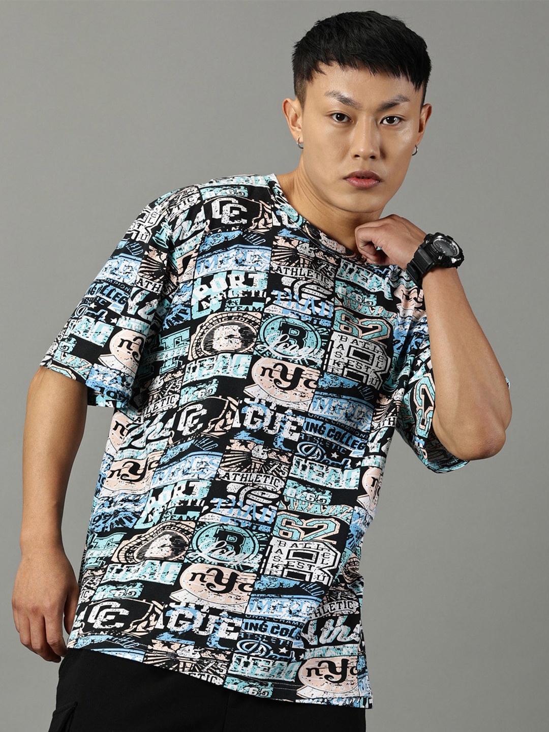 

Rodzen Typography Printed Oversized Cotton T-shirt, Blue