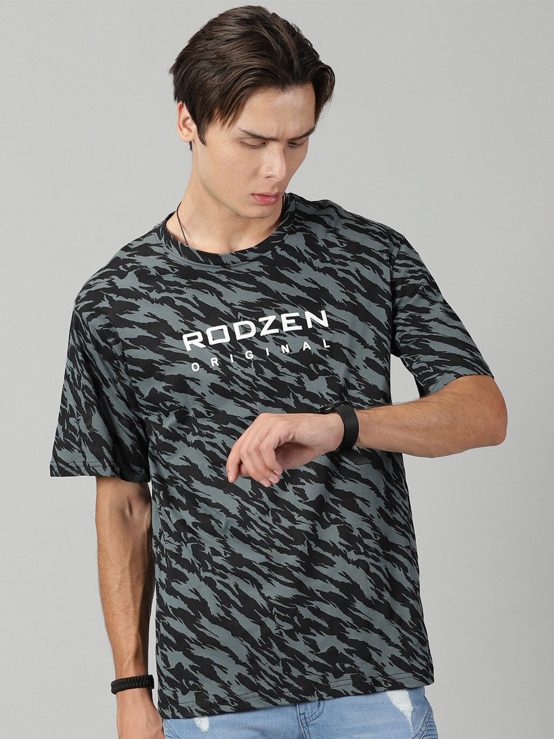 

Rodzen Typography Printed Oversized Cotton T-shirt, Grey melange