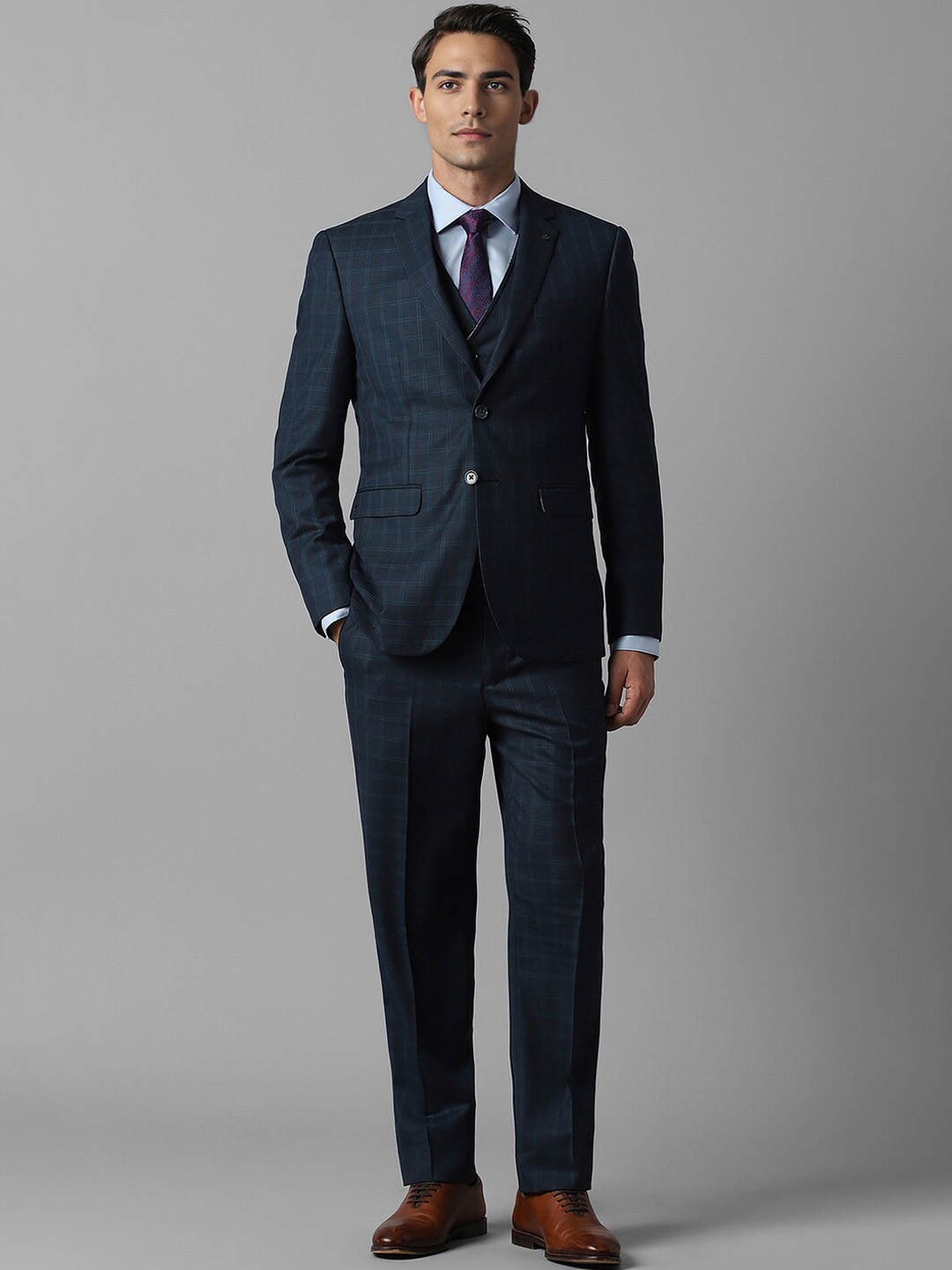 

Louis Philippe Checked Single-Breasted Slim-Fit Three Piece Formal Suit, Navy blue