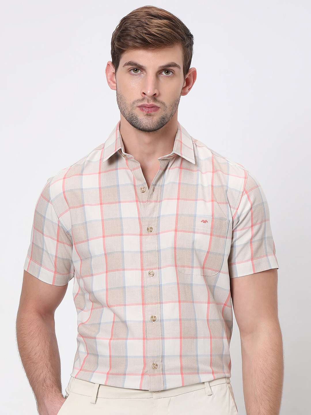 

Mufti Slim Fit Tartan Checks Spread Collar Cotton Casual Shirt, Khaki
