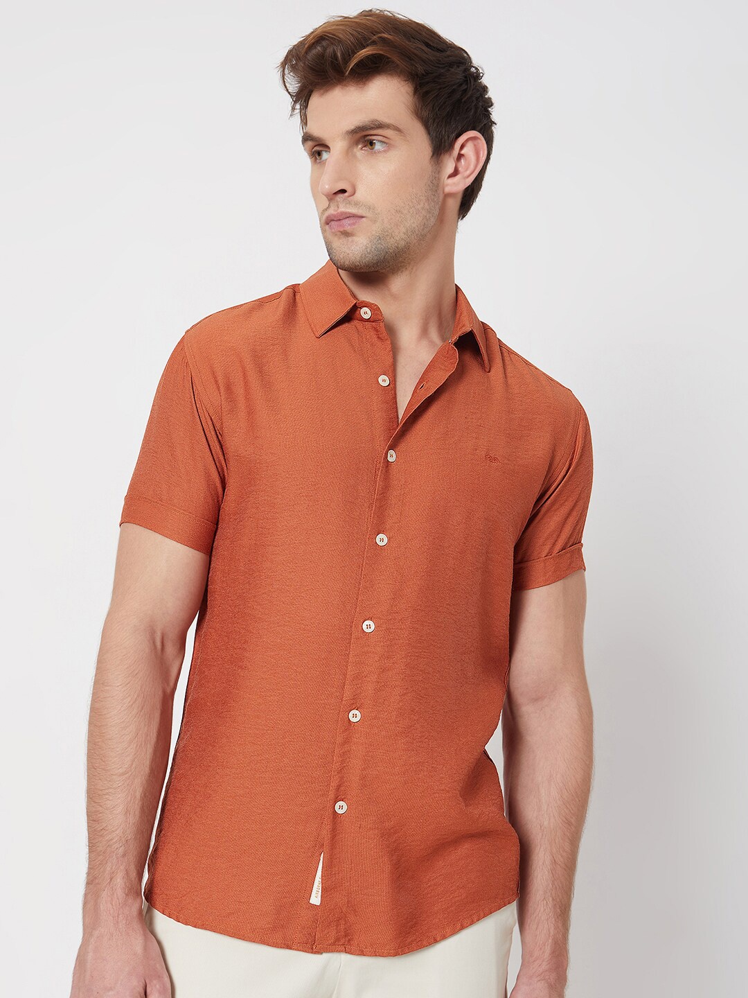 

Mufti Slim Fit Textured Self Design Casual Shirt, Rust