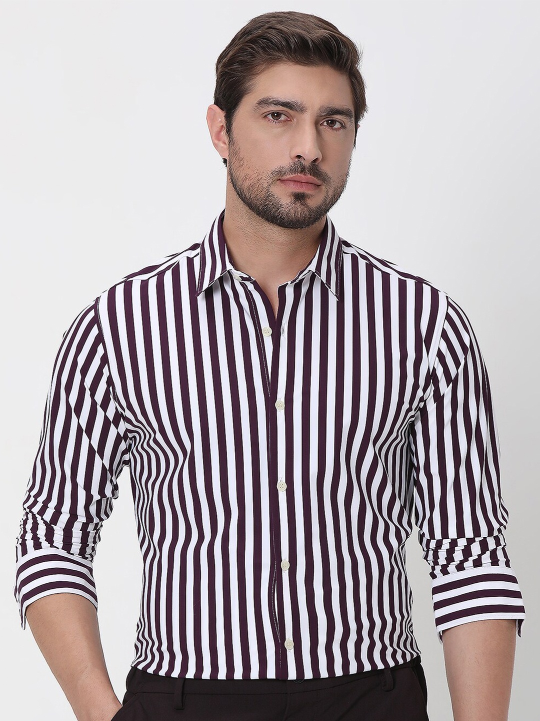 

Mufti Slim Fit Candy Striped Spread Collar Long Sleeves Casual Shirt, Maroon