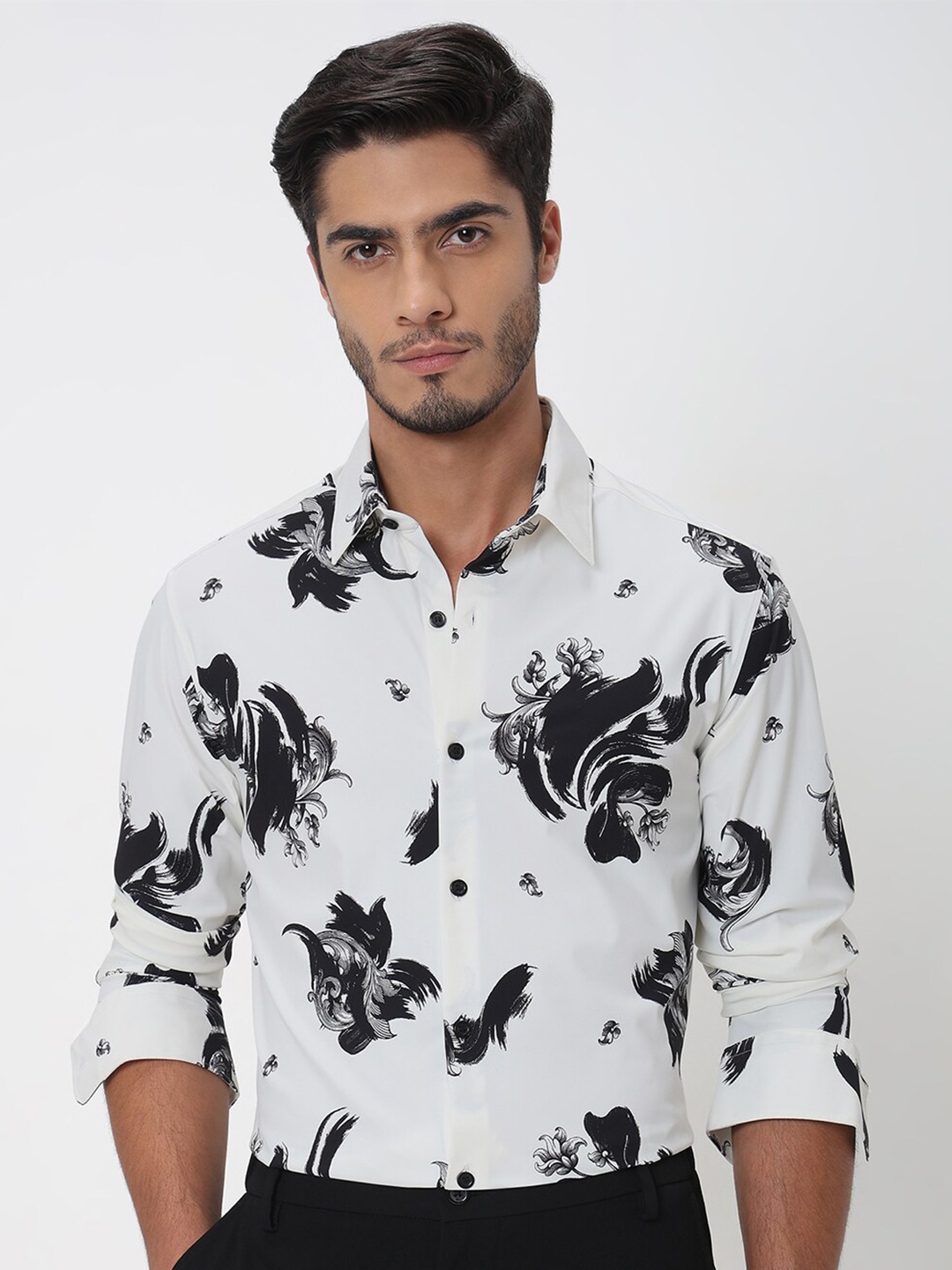 

Mufti Slim Fit Abstract Printed Spread Collar Long Sleeves Casual Shirt, White