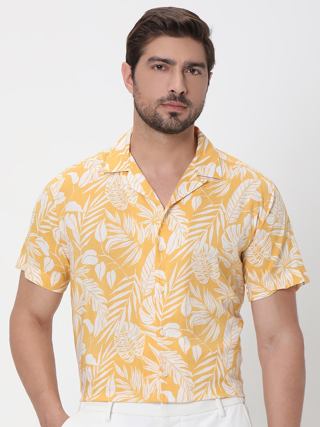 

Mufti Slim Fit Floral Printed Cuban Collar Casual Shirt, Yellow