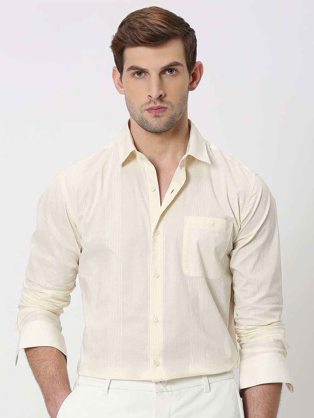 Mufti Vertical Striped Slim Fit Cotton Casual Shirt, Off white