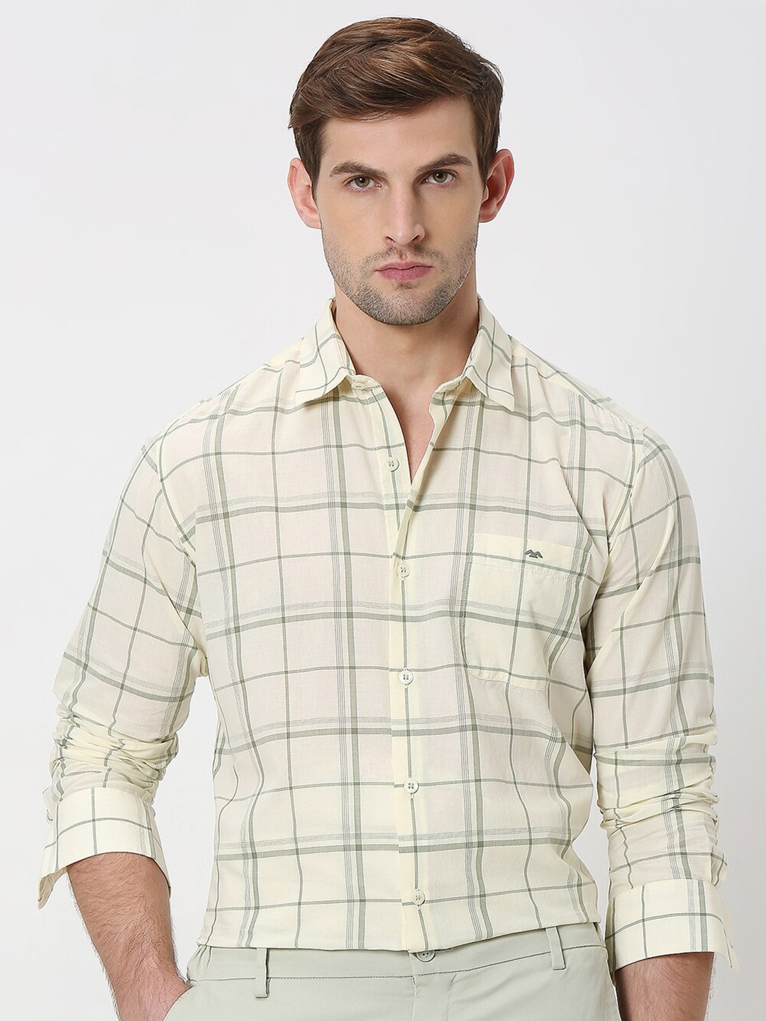 

Mufti Slim Fit Windowpane Checked Cotton Casual Shirt, Green