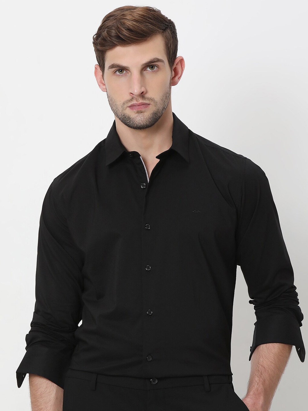 Mufti Slim Fit Spread Collar Casual Shirt, Black