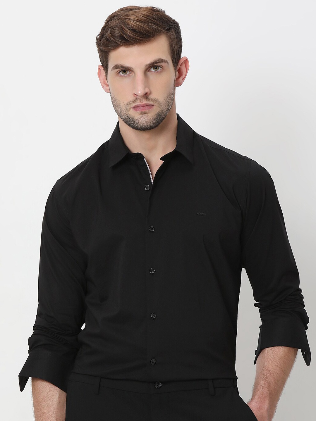 Mufti Spread Collar Slim Fit Formal Shirt, Black