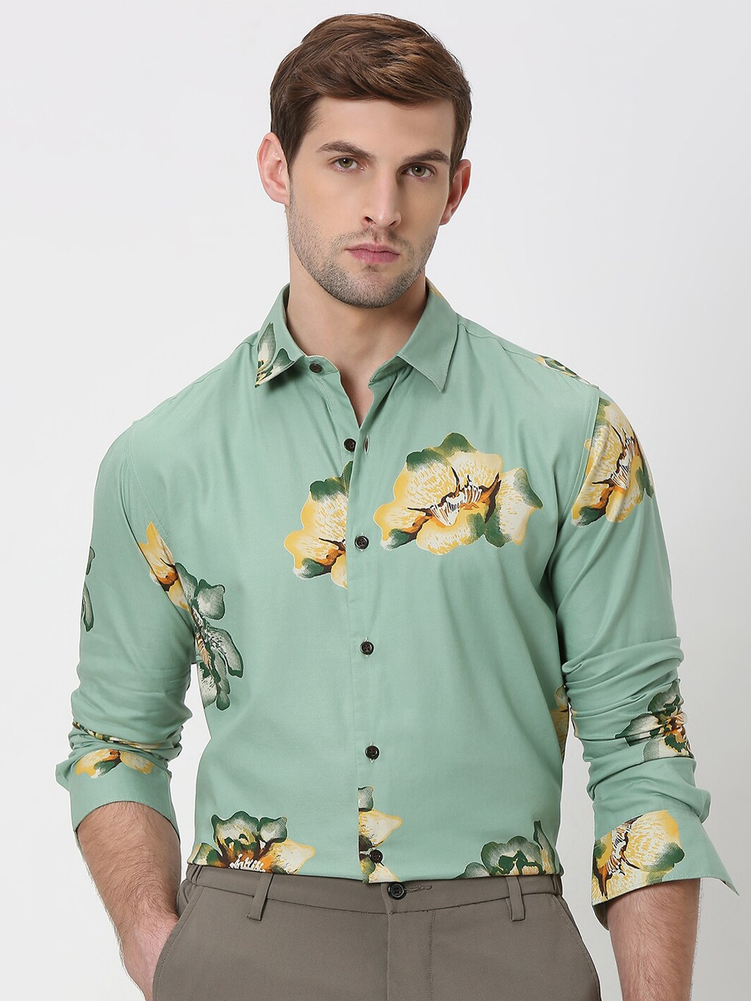 Mufti Slim Fit Floral Printed Twill Weave Casual Shirt, Olive