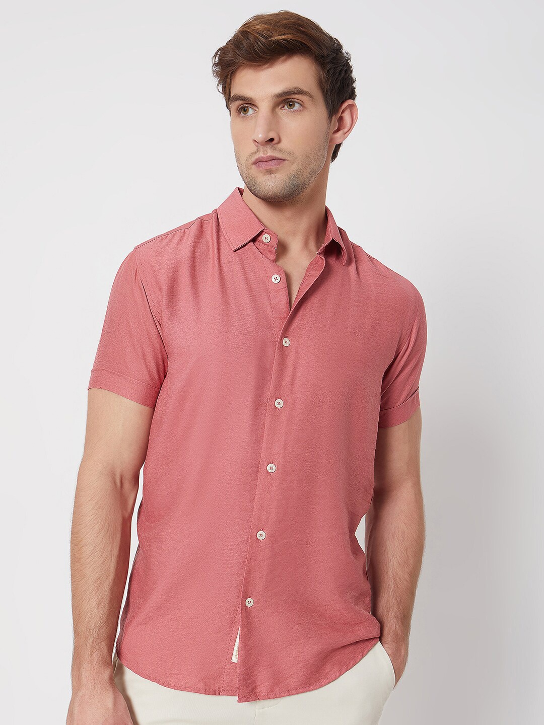 Mufti Spread Collar Slim Fit Casual Shirt, Pink