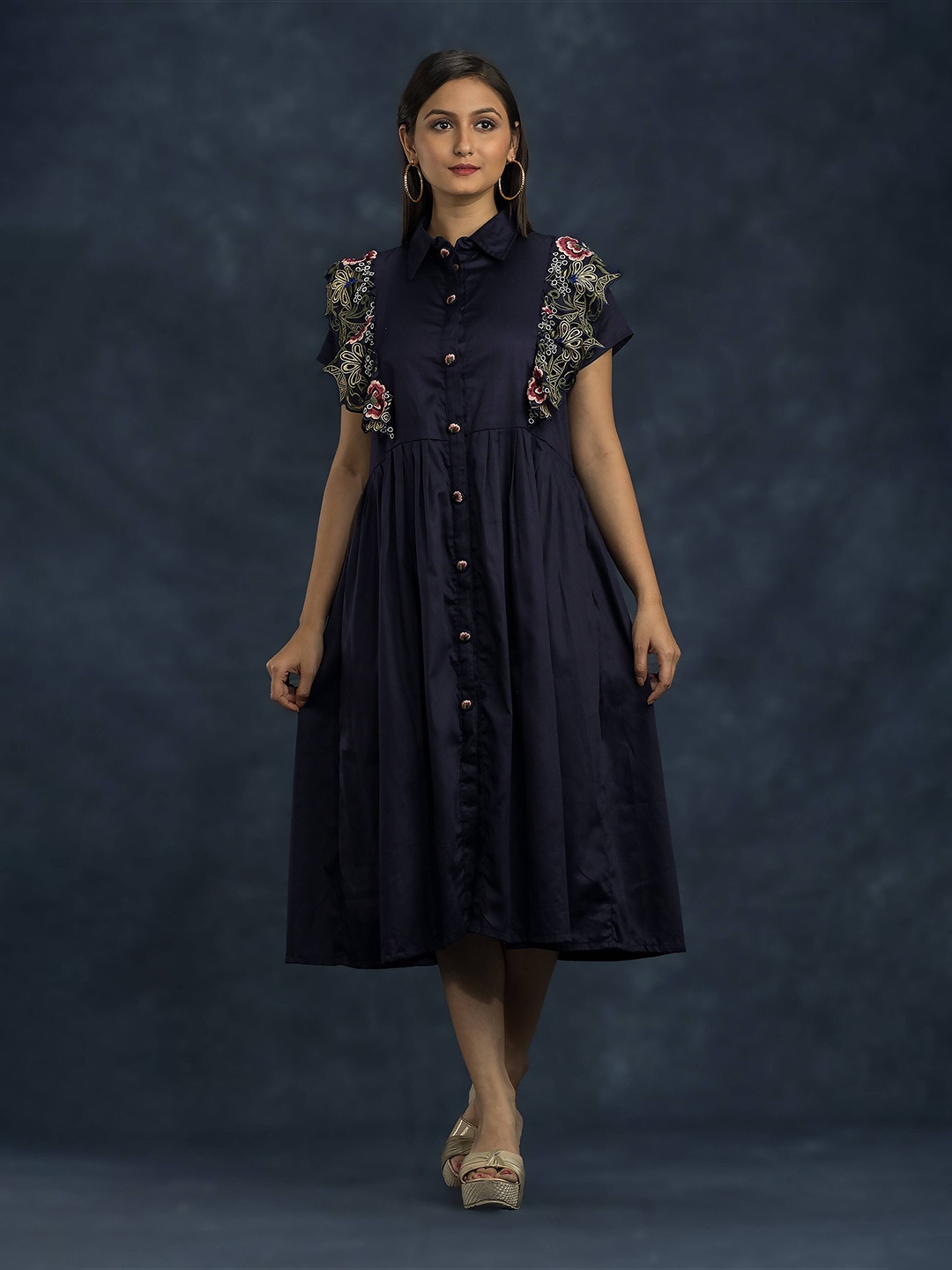 

SACRED SUTA Satin Cotton Shirt Midi Dress, Blue