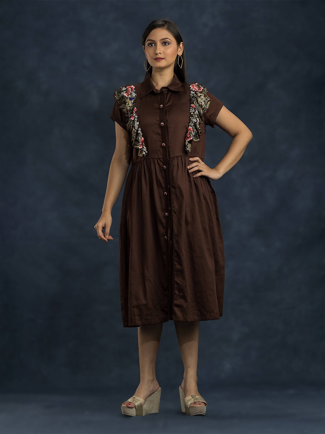 

SACRED SUTA Satin Shirt Midi Dress, Brown
