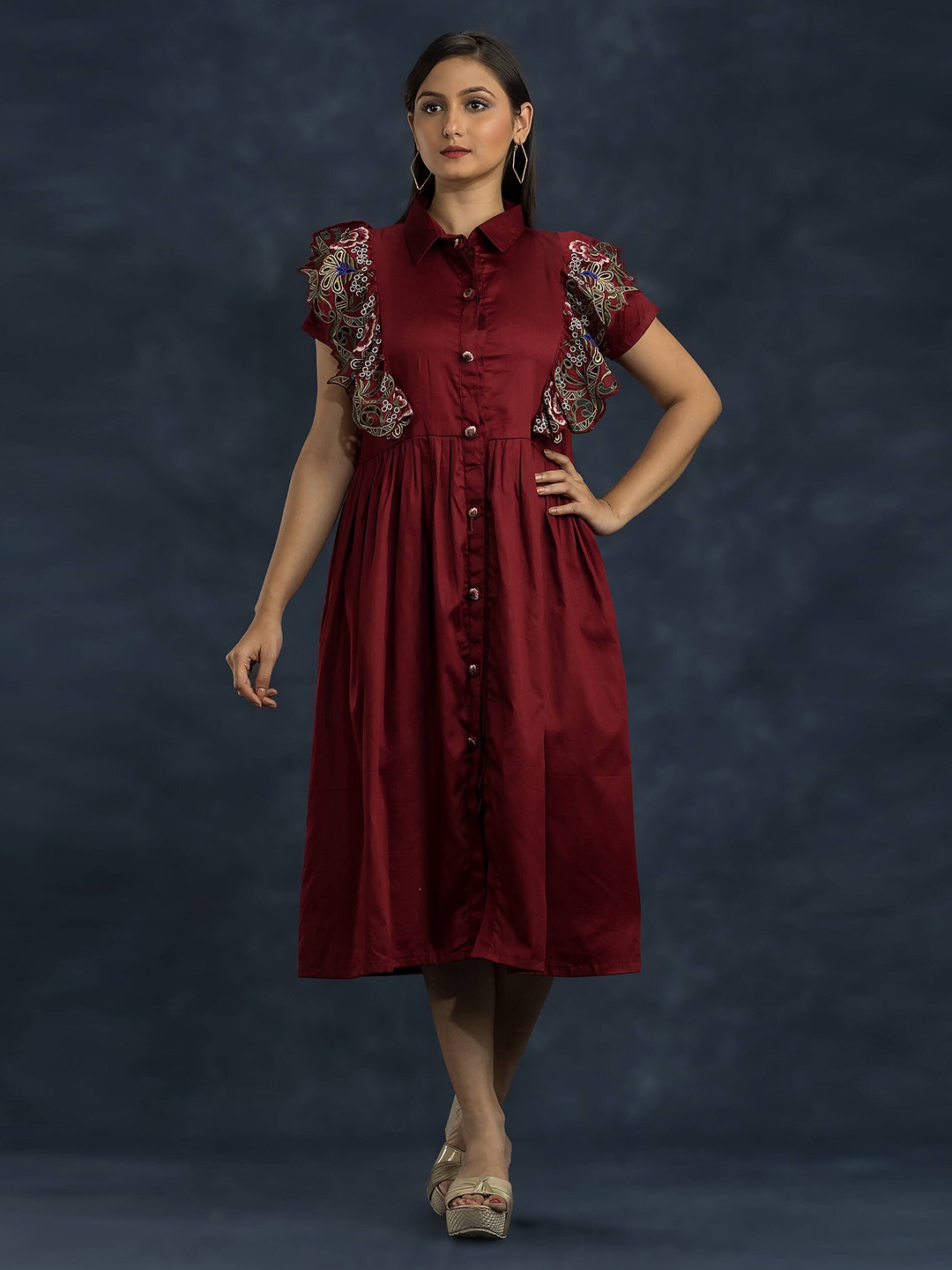

SACRED SUTA Satin Cotton Shirt Midi Dress, Red