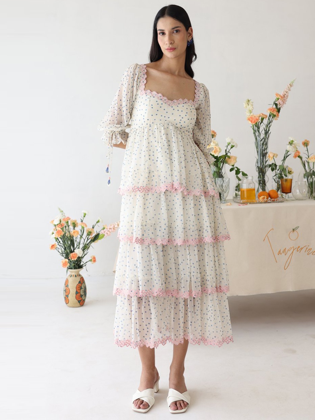 

Baise Gaba Polka Dot Printed Layered Chiffon A-Line Midi Dress, Off white