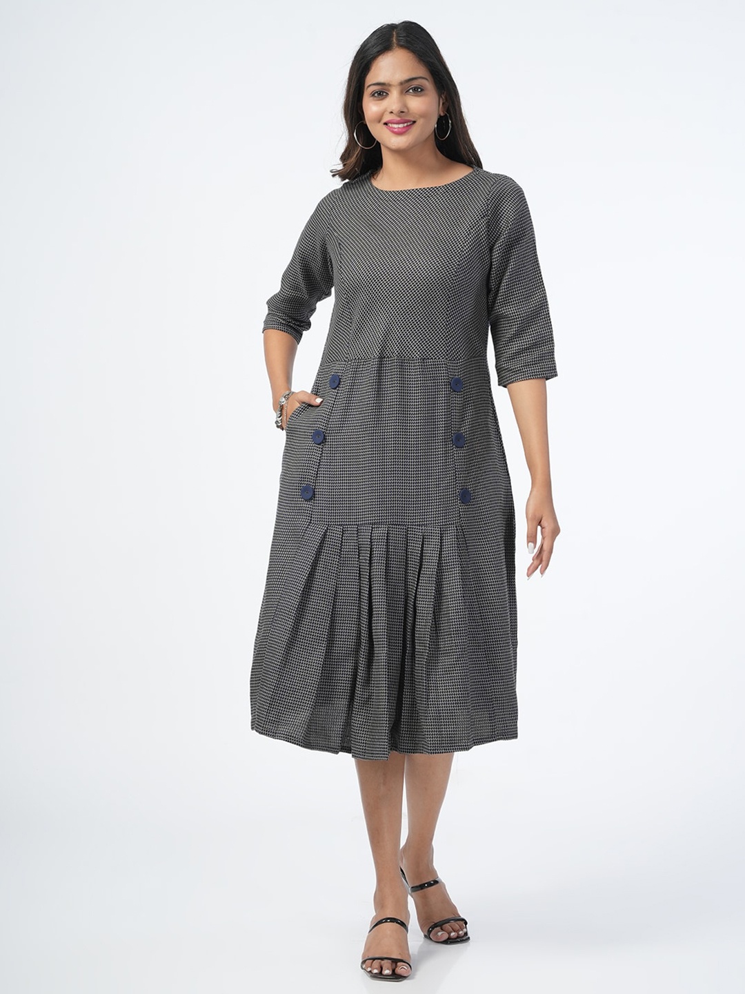 

Genius18 Geometric Printed Cotton Fit And Flare Midi Dress, Black